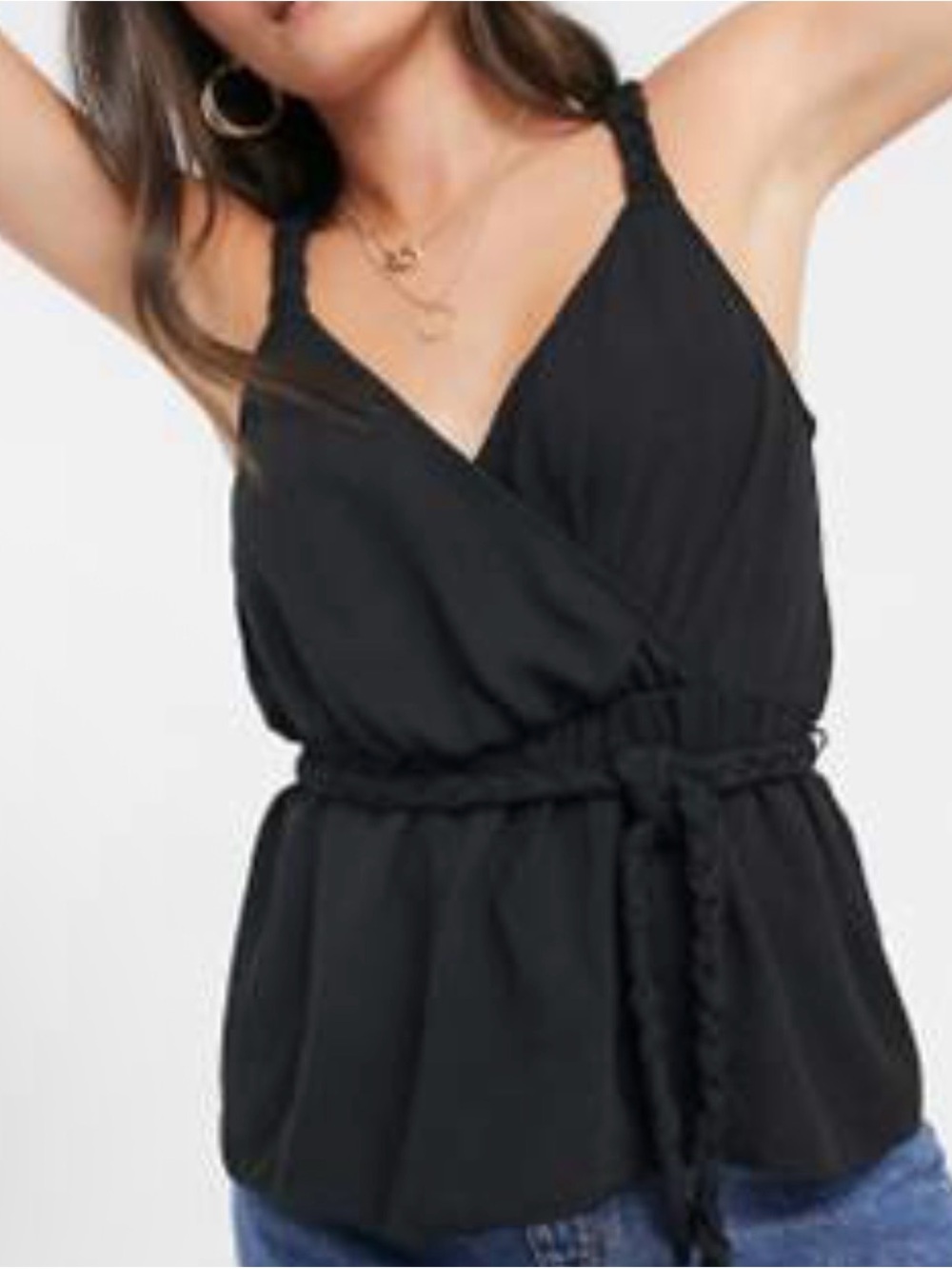 ASOS Black Braided-Strap Surplice Peplum Top